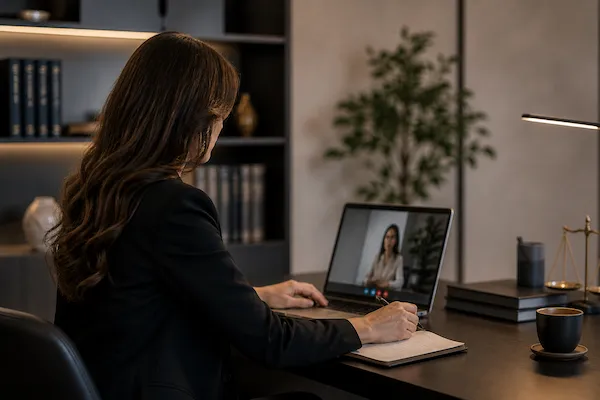 Online ügyvédi konzultáció – büntető ügyvéd modern irodában